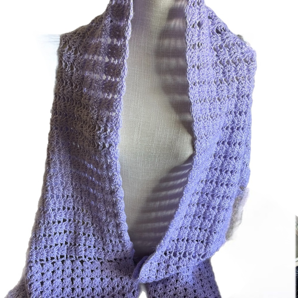 Chunky crochet knit fringed long lavender wrap scarf neck warmer